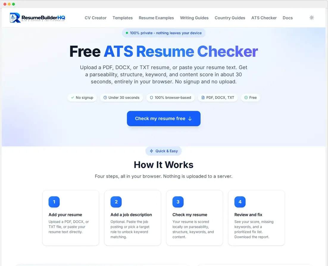 The ATS resume checker upload screen