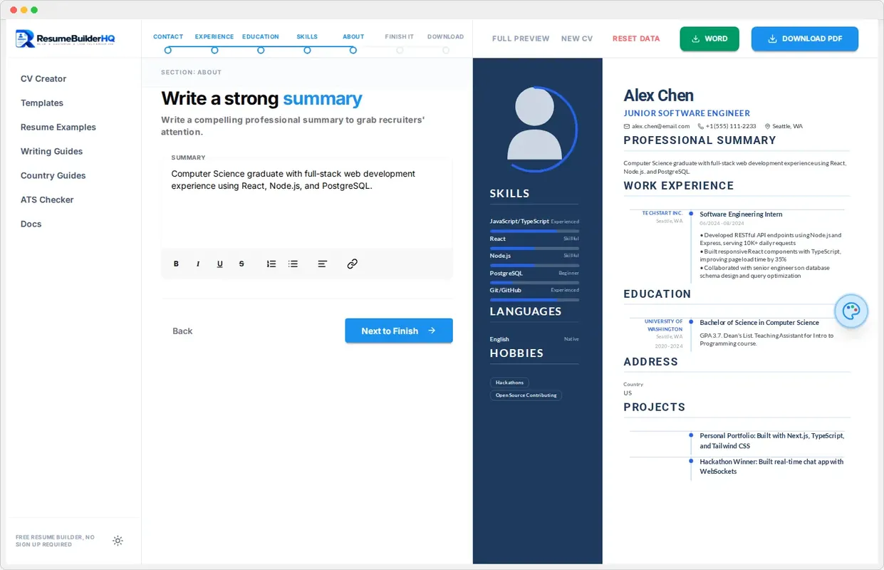 The About step of the resume builder with a professional summary
