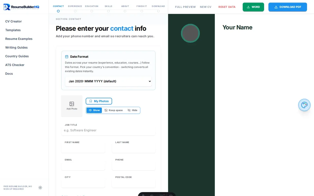 The Resume Builder HQ workspace with the step wizard and live preview