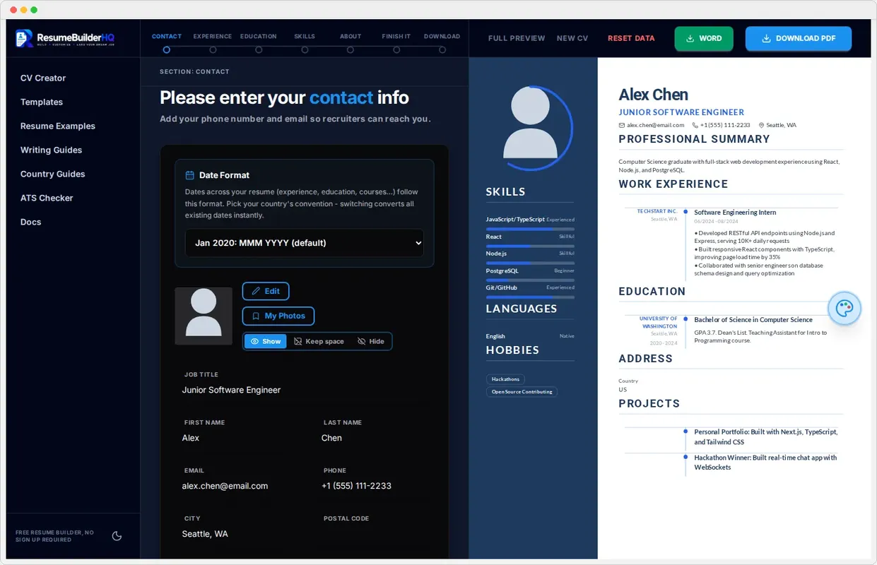 The resume builder in dark mode