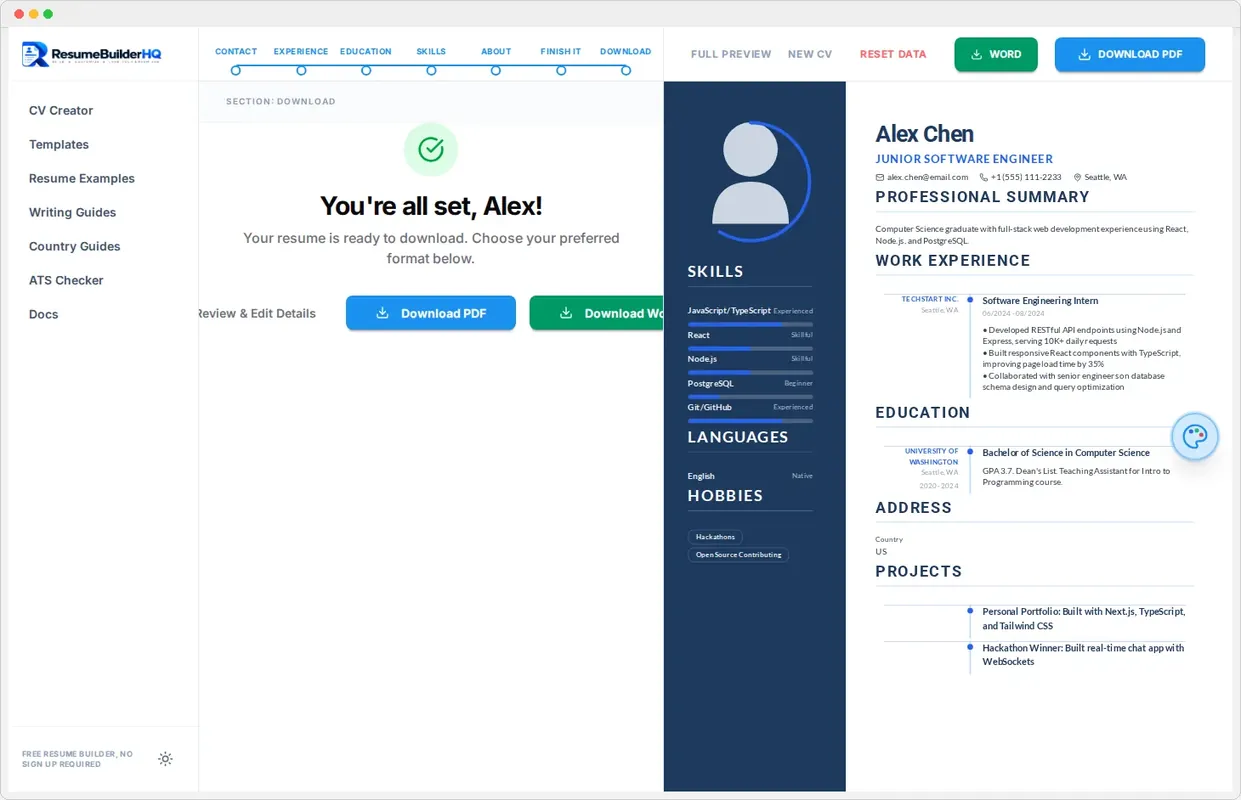 The Download step of the resume builder with PDF and Word options