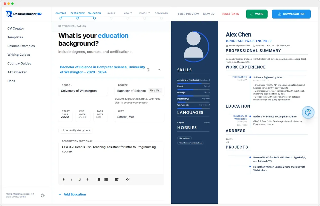 The Education step of the resume builder with a degree entry