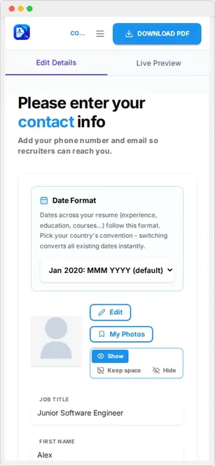 The resume builder on a mobile phone screen