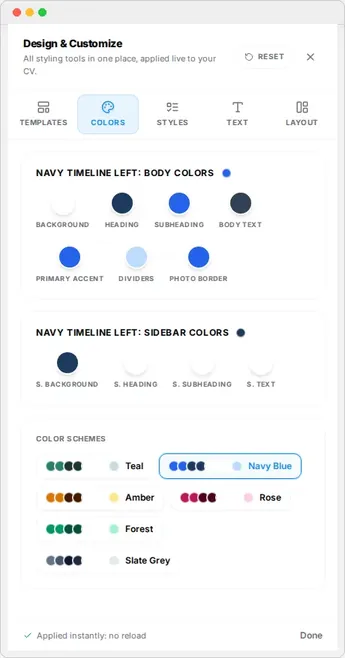The Colors tab of the Design rail with color swatches