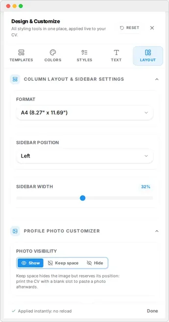 The Layout tab of the Design rail with spacing and photo settings