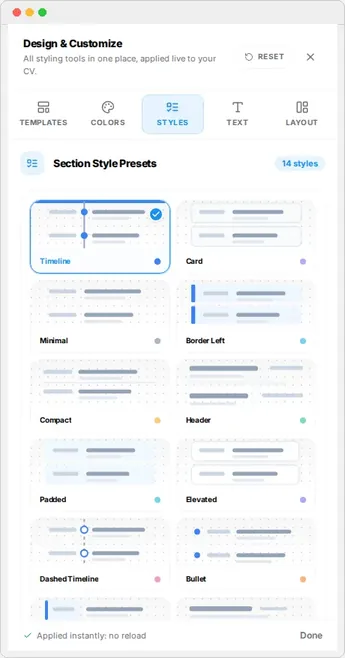 The Styles tab of the Design rail with section style thumbnails