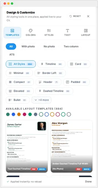 The Design and Customize rail open on the Templates tab