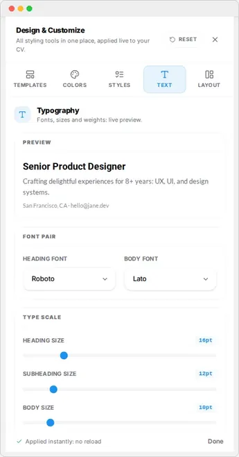 The Text tab of the Design rail with font settings