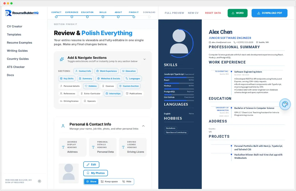 The Review step of the resume builder showing the whole resume