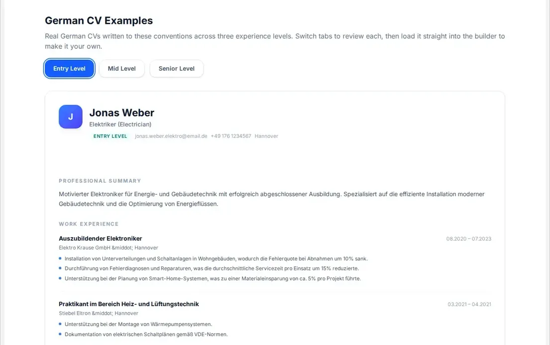 A country-specific CV format guide page