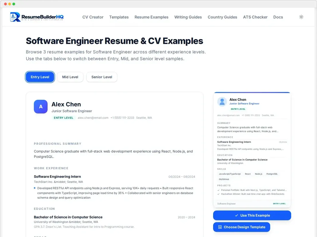 A profession example page with entry, mid, and senior level resumes