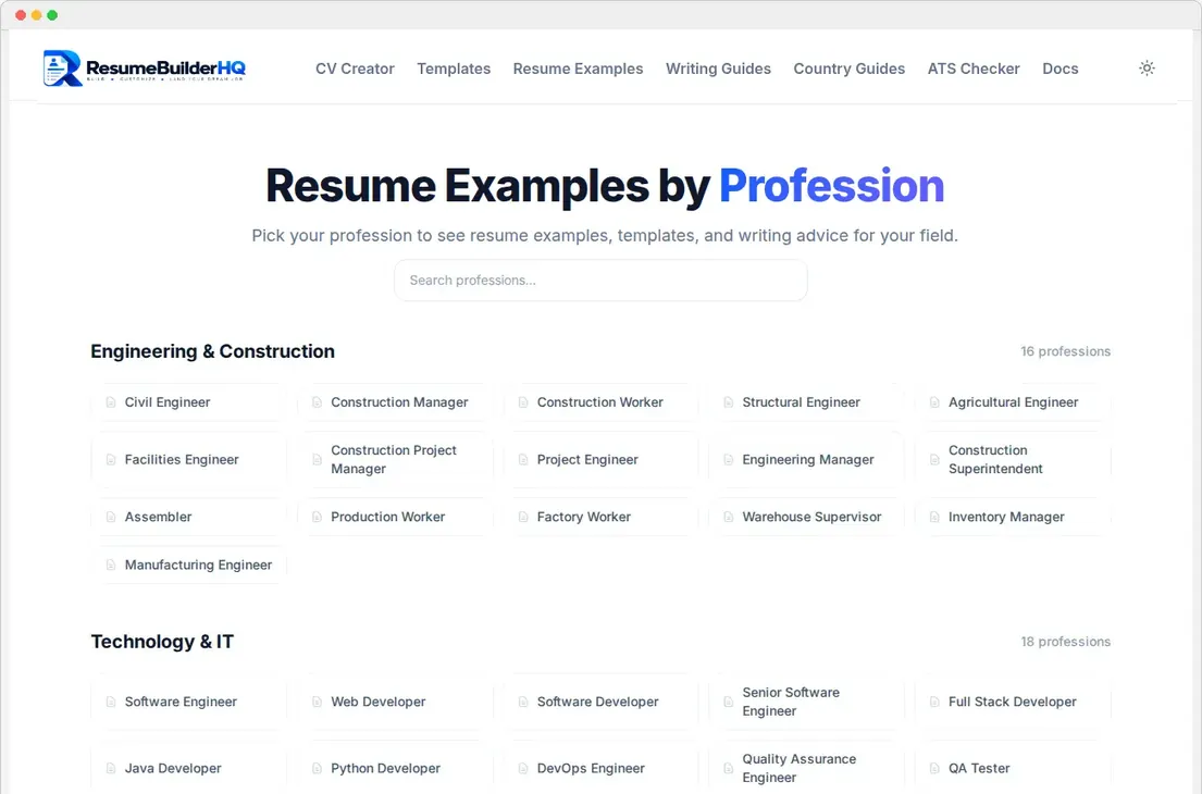 The resume examples hub page organized by profession