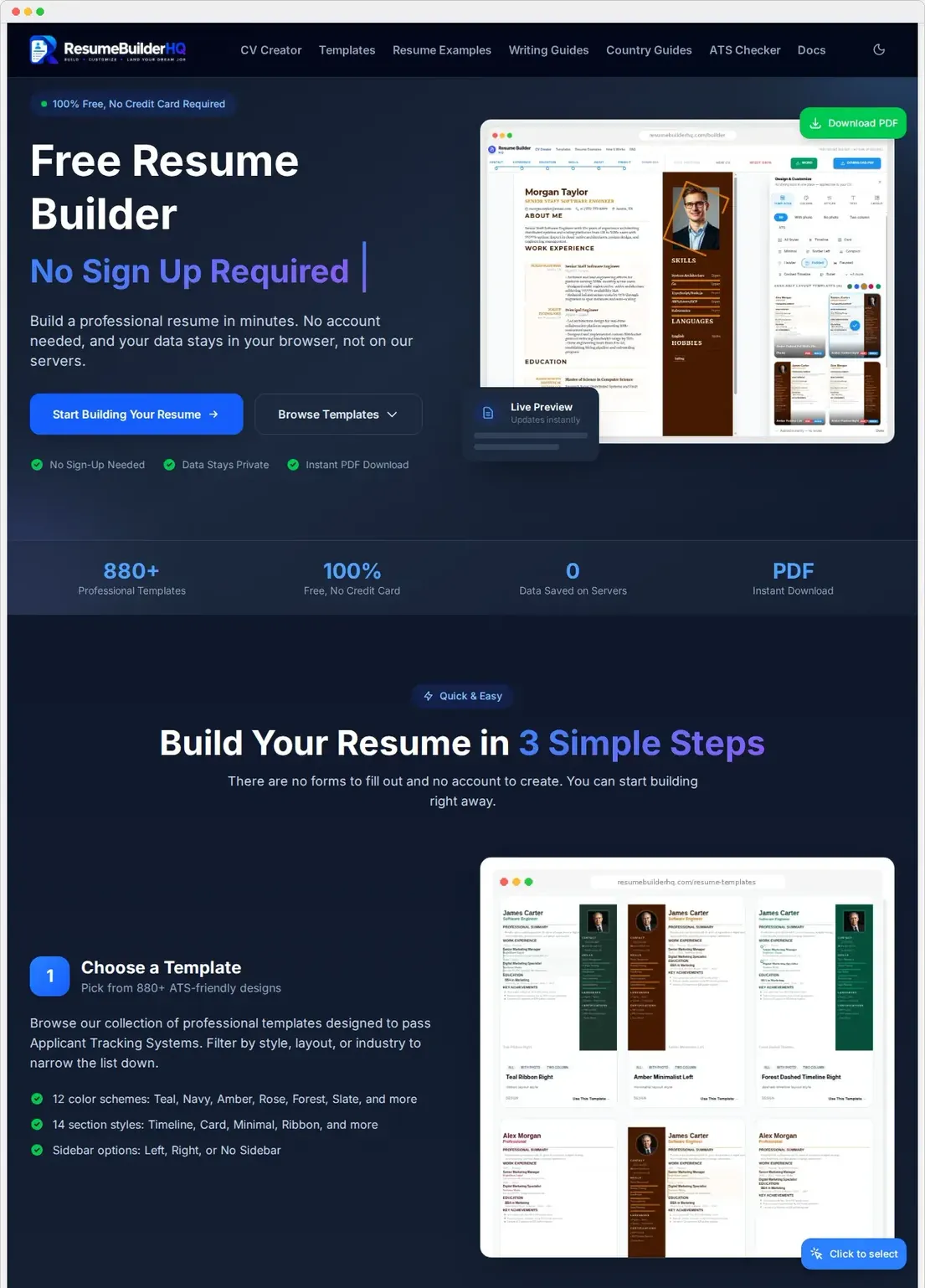 The Resume Builder HQ homepage in dark mode