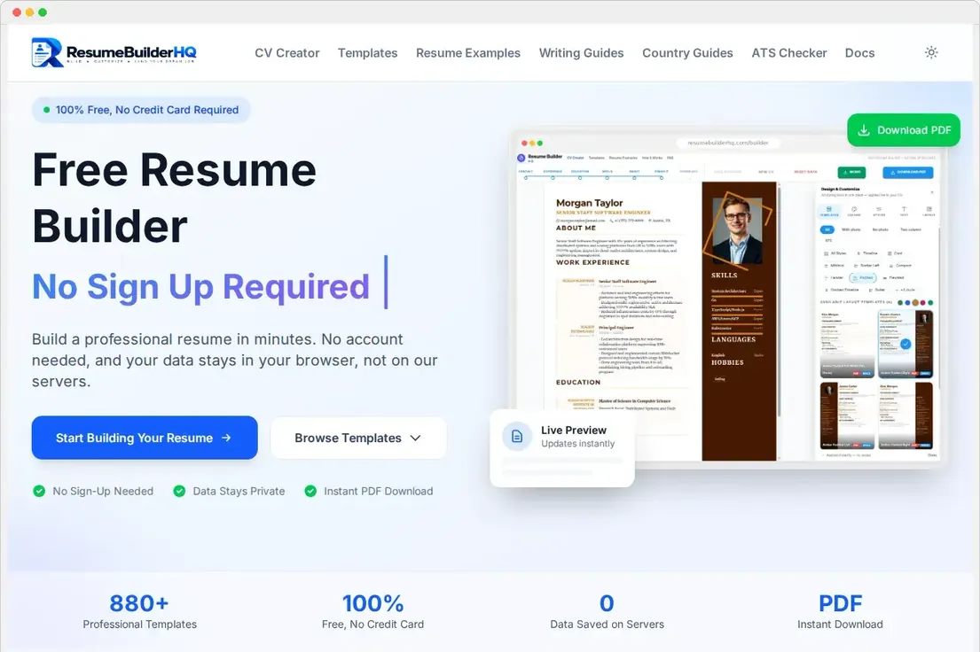 The Resume Builder HQ homepage with the Build My Resume button