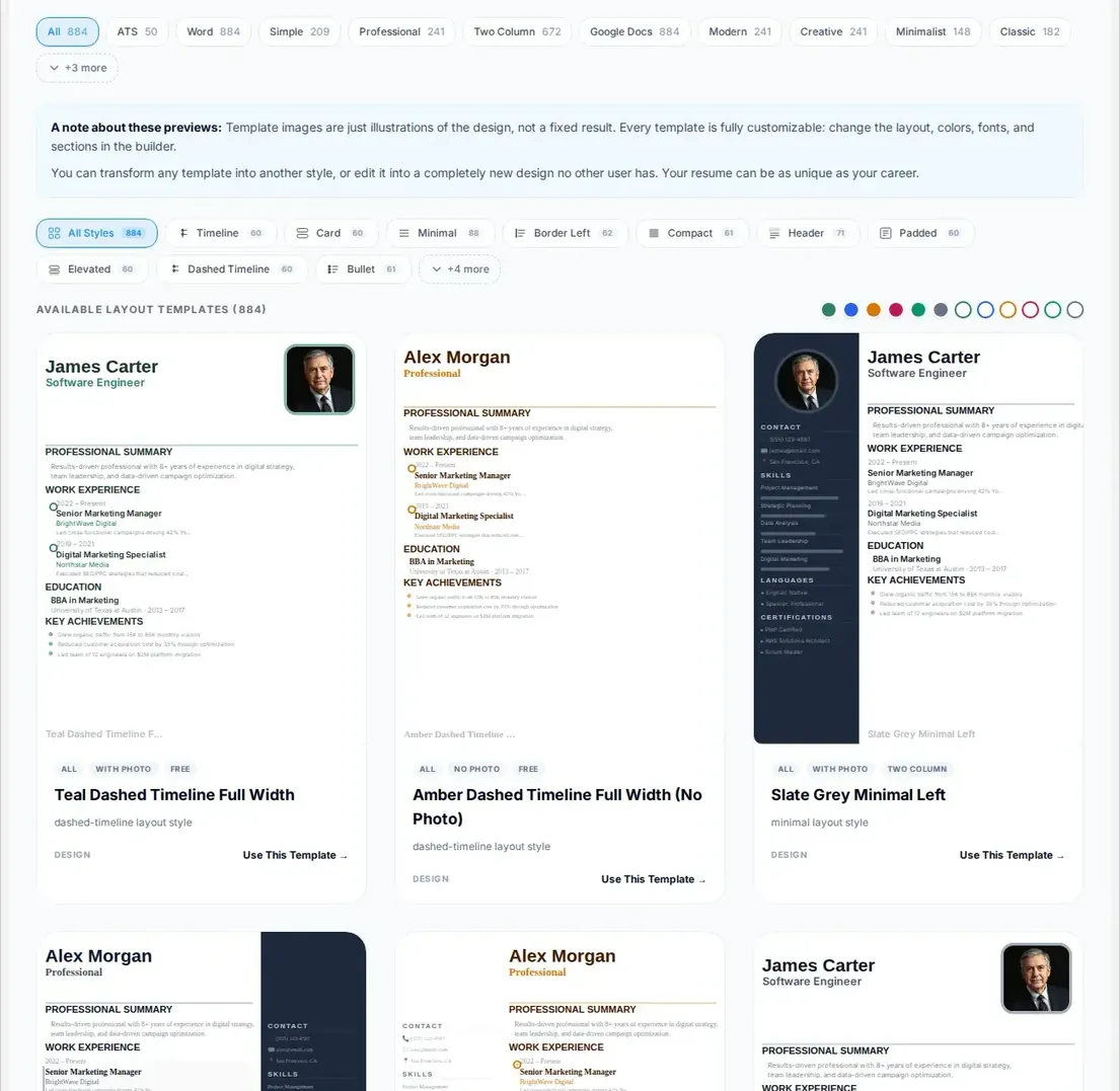 The resume templates gallery page