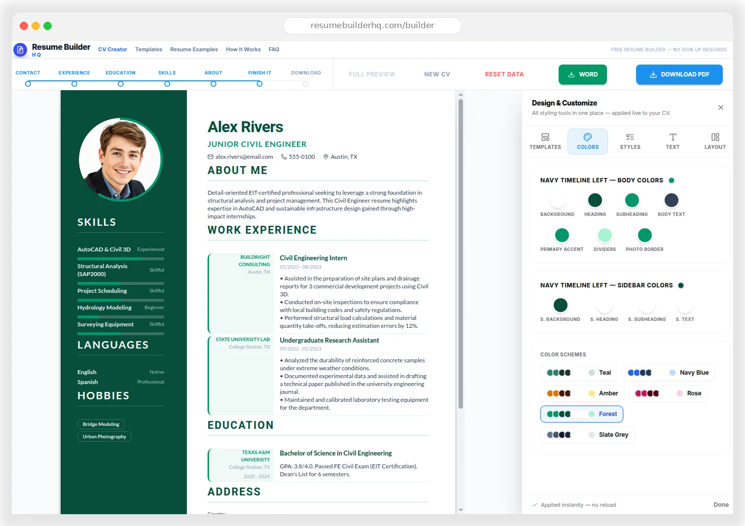 Resume Builder customize and download showing the design rail with color swatches, color schemes, and a live resume preview ready to export as PDF or Word