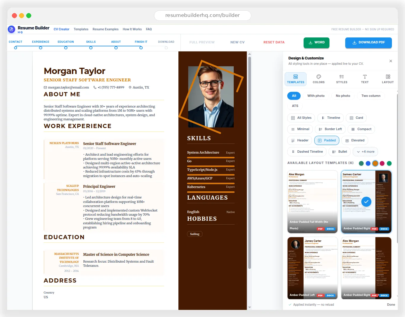 Resume Builder Interface showing template selection, design customization, and live preview