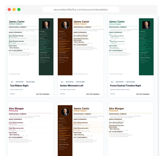 Resume Builder Template Gallery showing 880+ professional templates including Timeline, Card, Minimal, and other ATS-friendly designs
